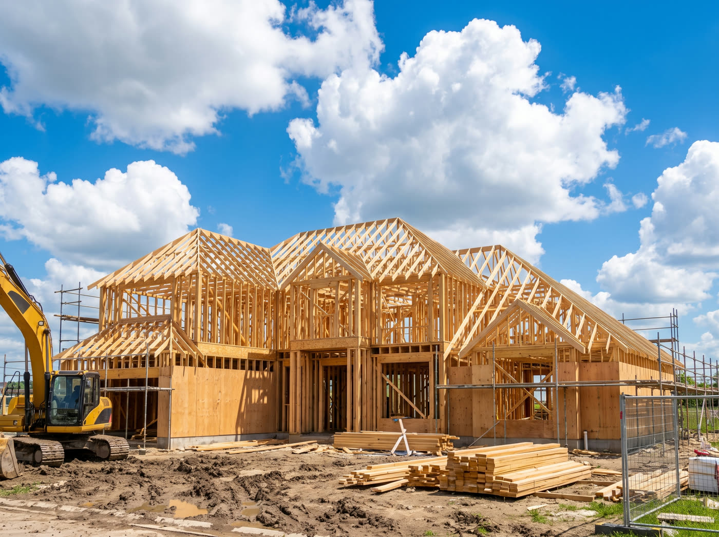 A luxury home mid-build, timber framing and roof trusses complete.