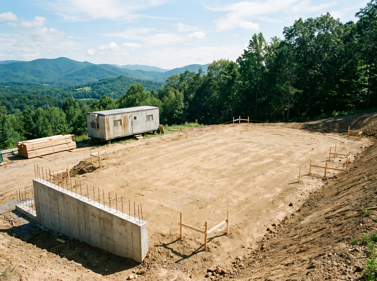 The same hillside plot before construction: graded earth, survey stakes and a poured retaining wall.