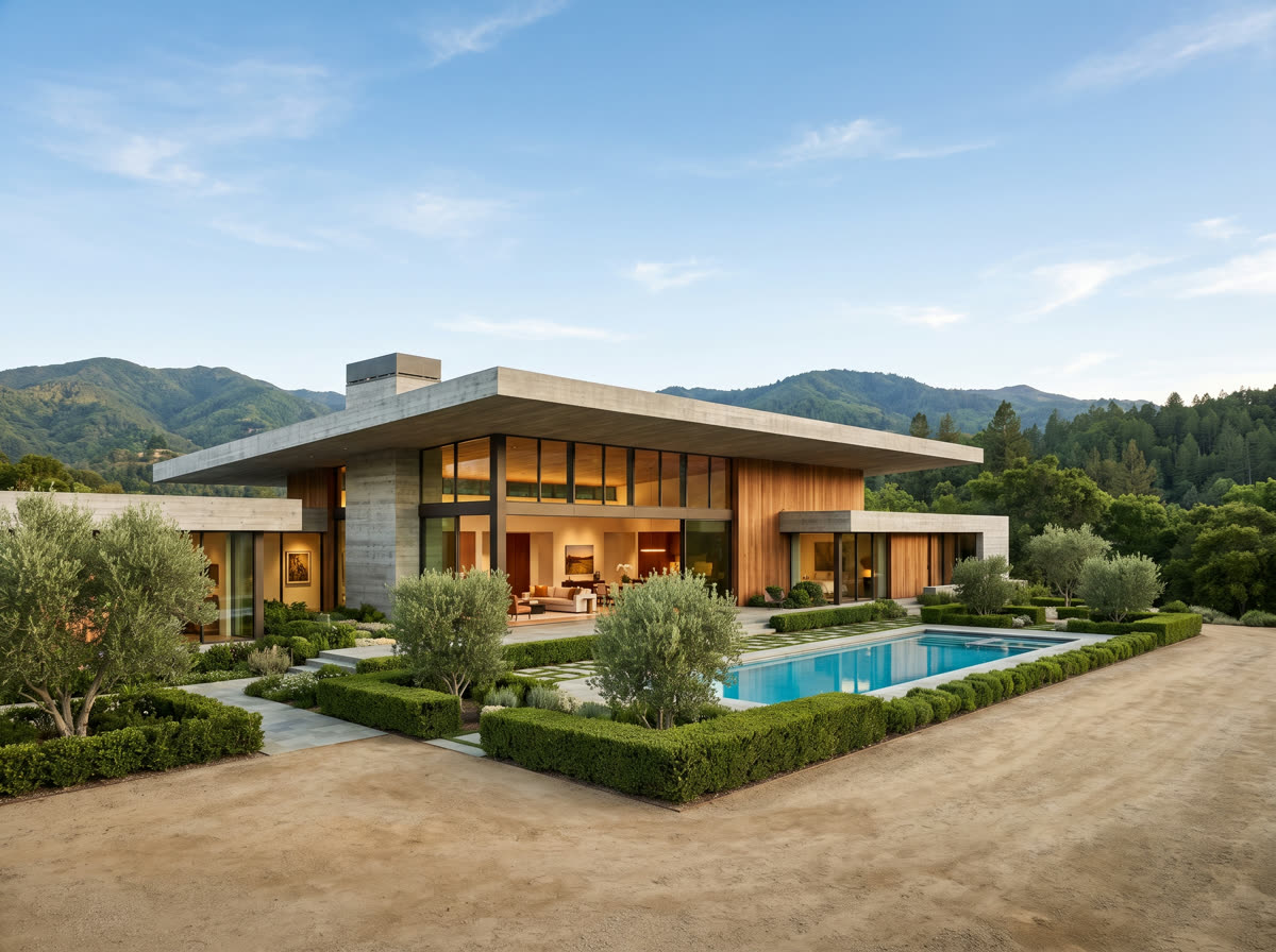 Casablanca House — a concrete and timber home with a pool.