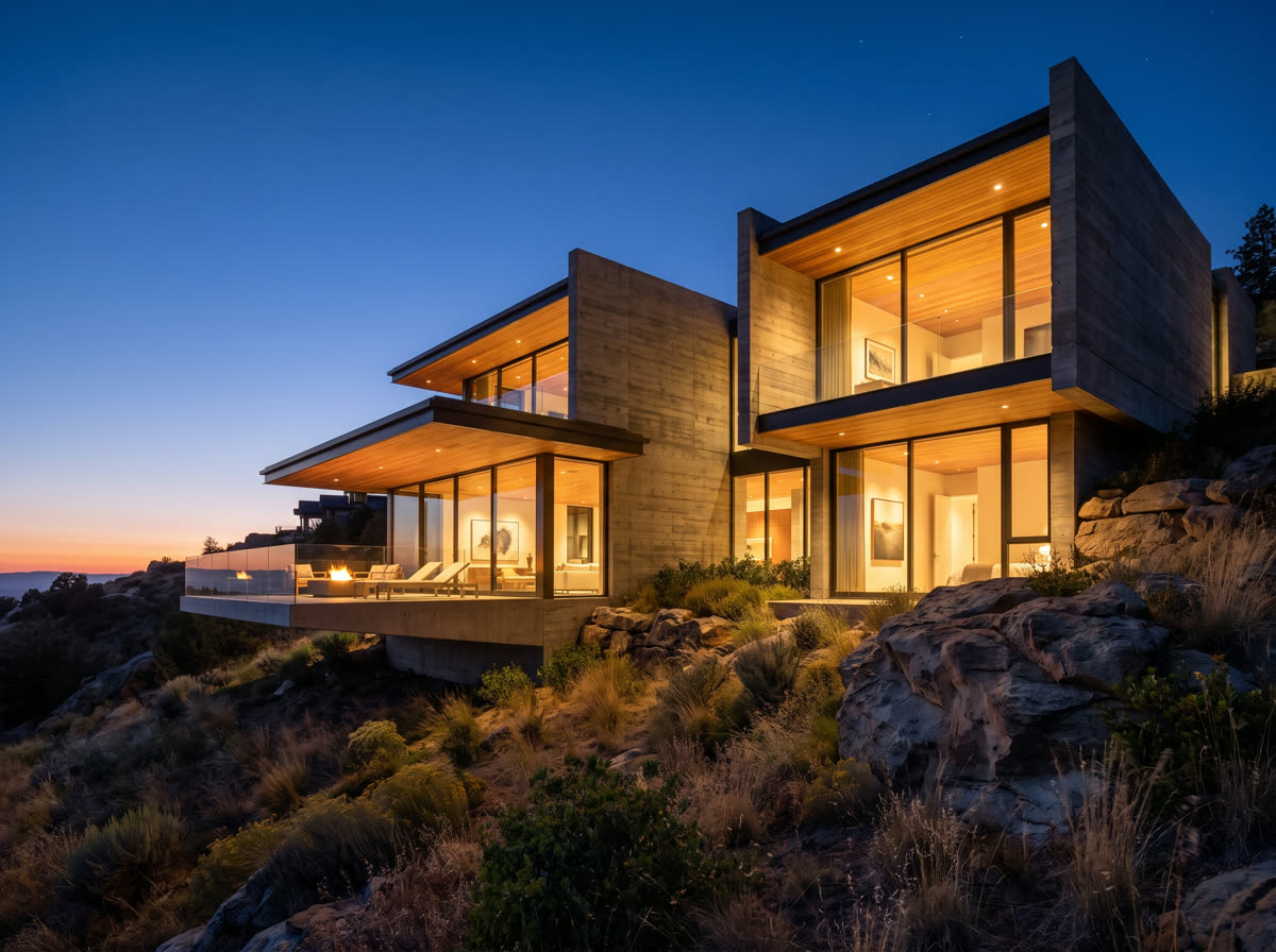 Ridgeline Residence finished: a concrete and timber hillside home at dusk.