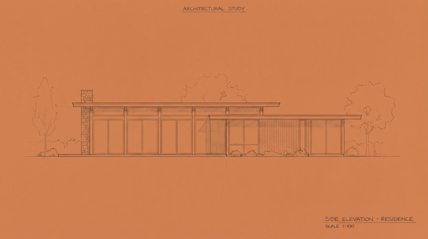 Architectural elevation study of a single-storey residence.