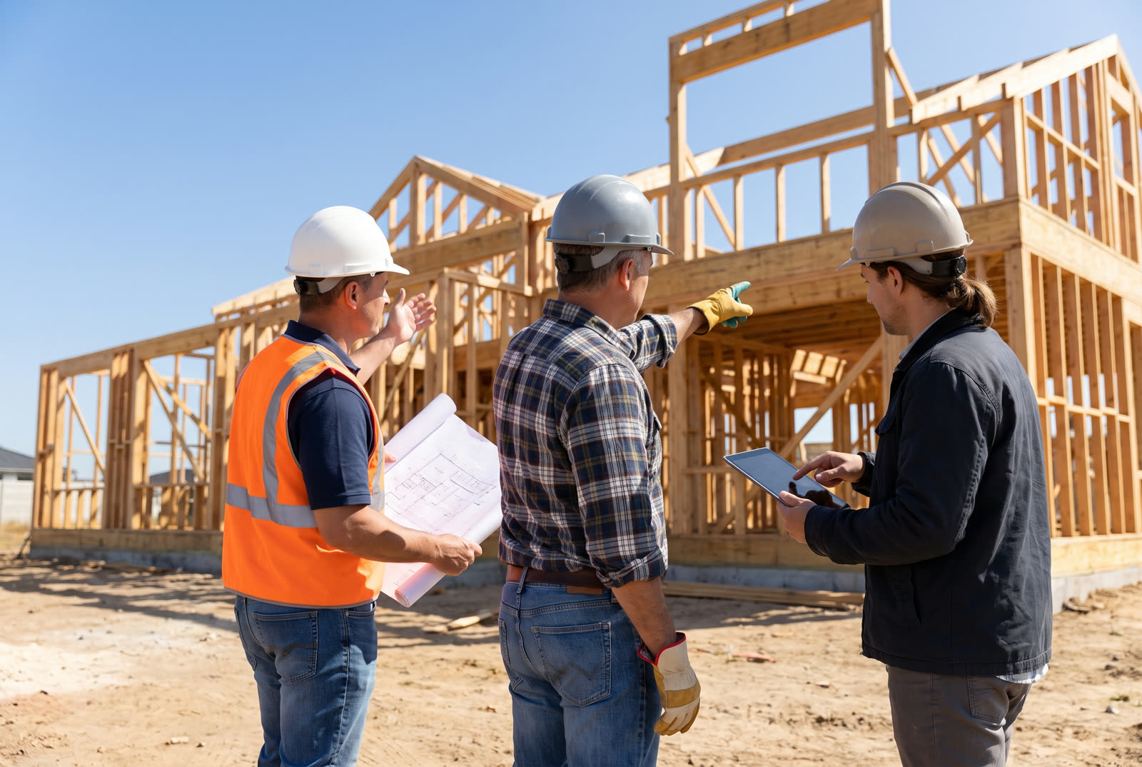A CONSTRUX site crew reviewing architectural drawings against the timber-framed structure behind them.