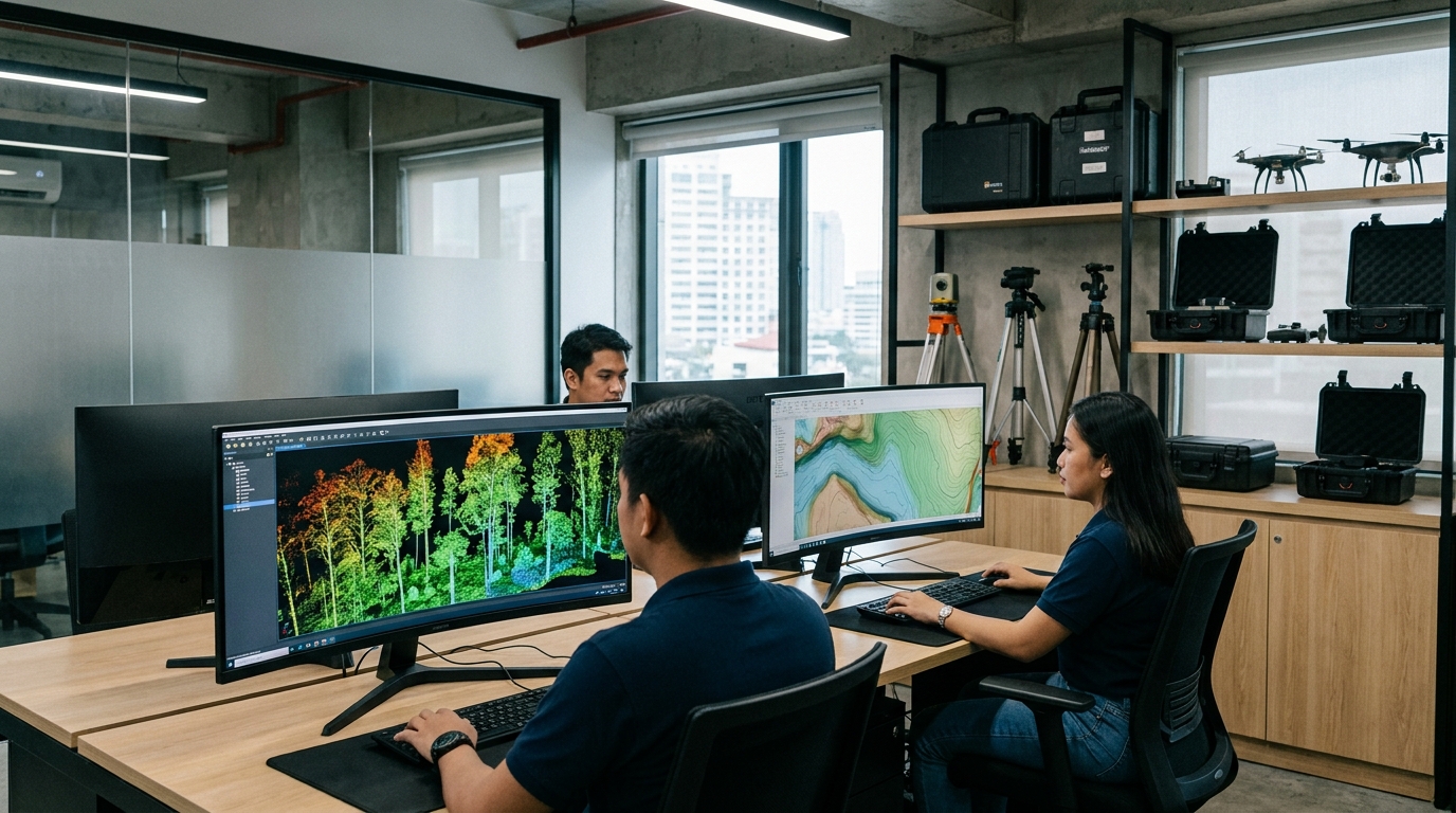 Surveying team reviewing a point cloud and terrain model in the office