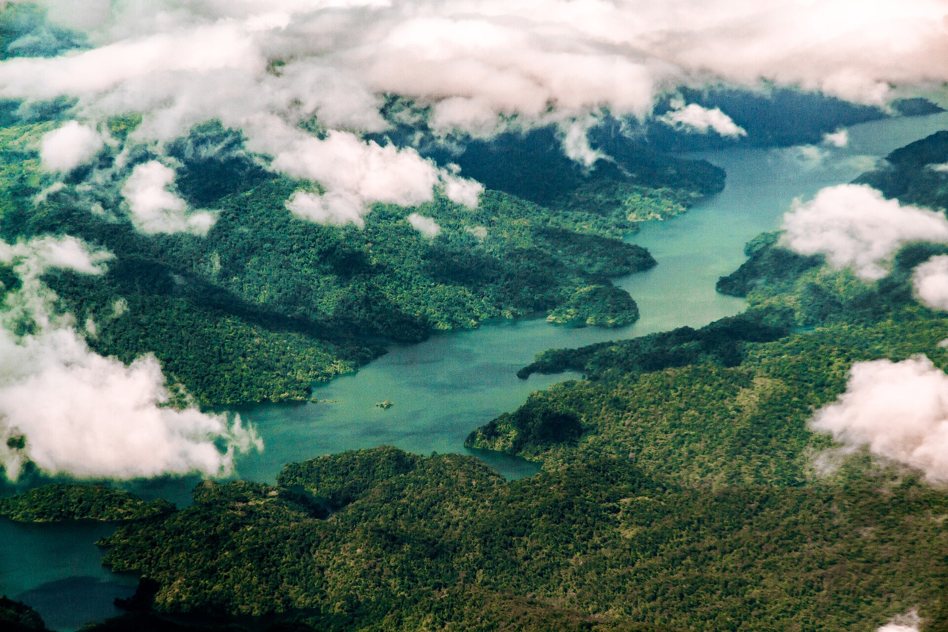 Aerial view of a reservoir and watershed
